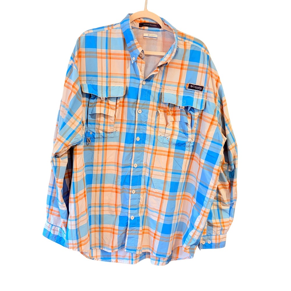 Columbia PFG Super Bahama Fishing Shirt Mens XL Blue Orange Plaid Omni-Shade